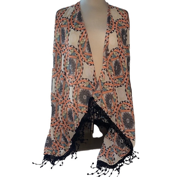 Unbranded Tops - Open front sheer coverup fringed at bottom Southwestern print One Size NWOT